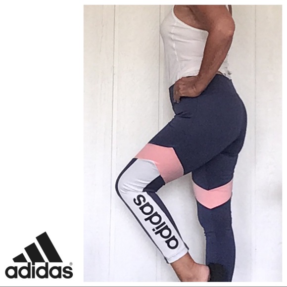 ADIDAS BLUE AND PINK LOGO HIGH RISE TIGHTS MEDIUM - Picture 6 of 15